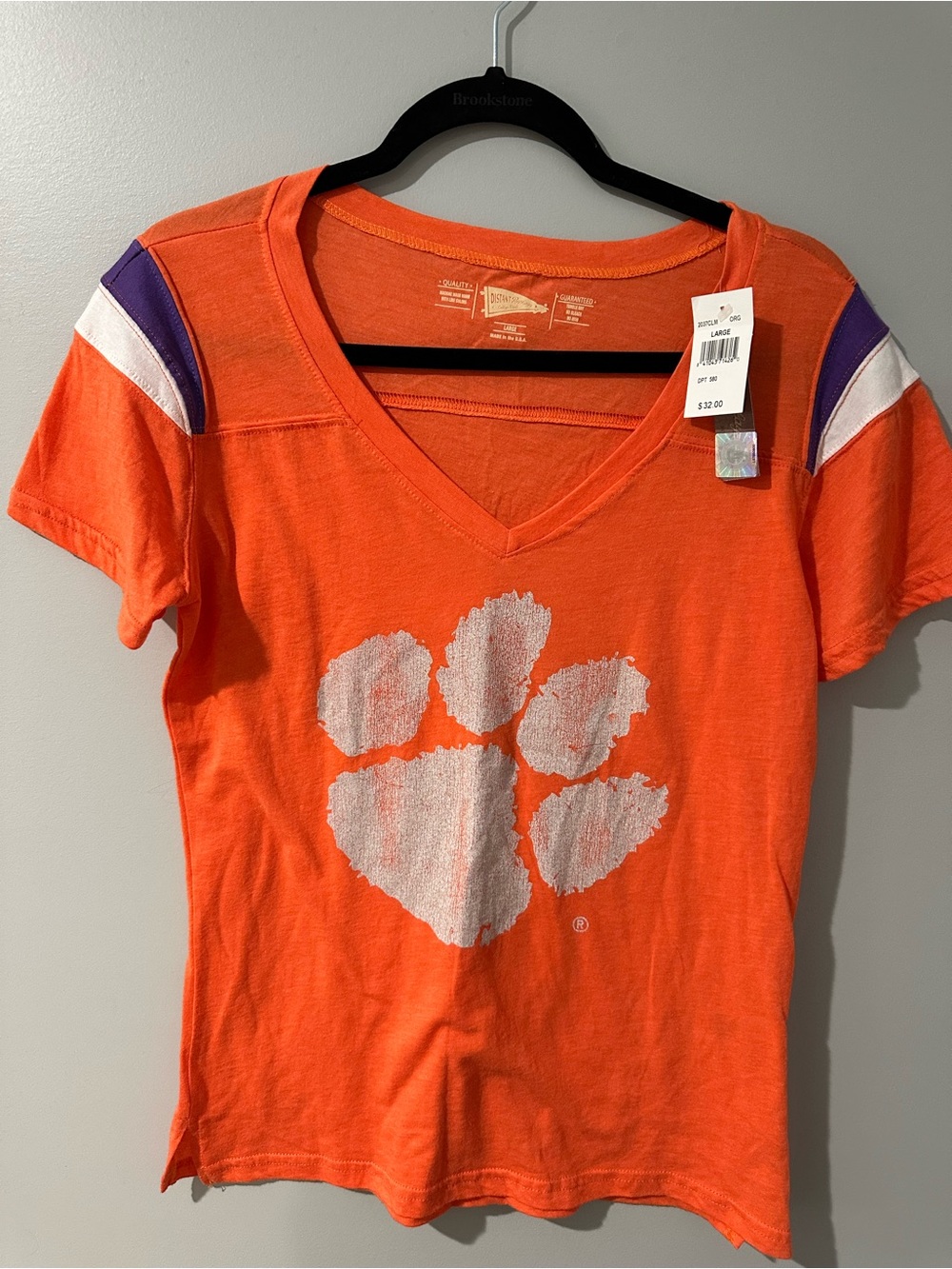 Clemson Tigers Orange V-Neck Tee with White Paw & Purple Sleeve Accents